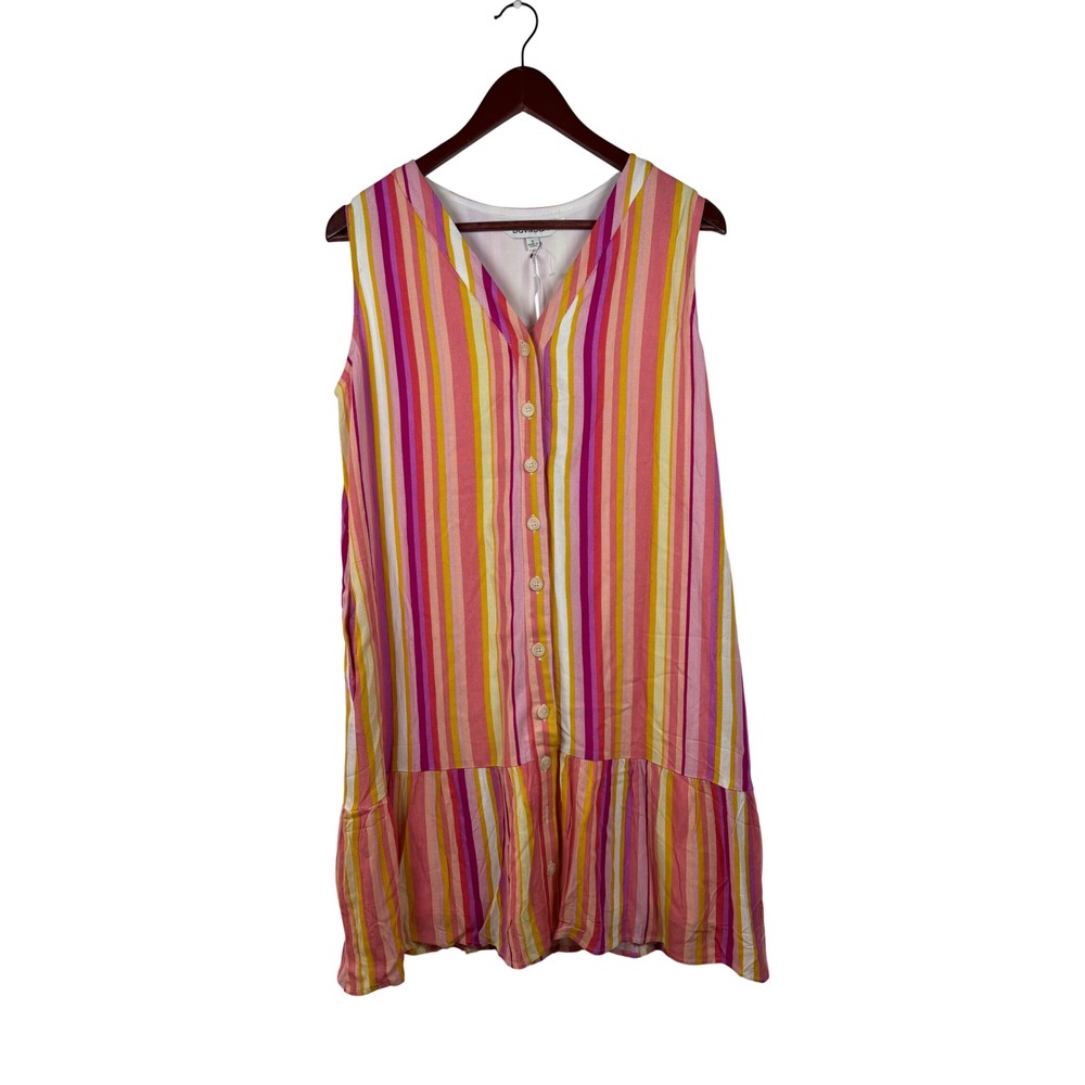 Davi & Dani Dress Small Pink Orange Yellow Striped Ruffle Button Down Colorful